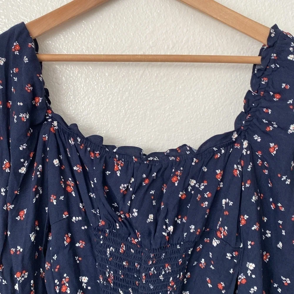 Reformation Navy Blue Floral Square-Neck Puff Sleeve Top